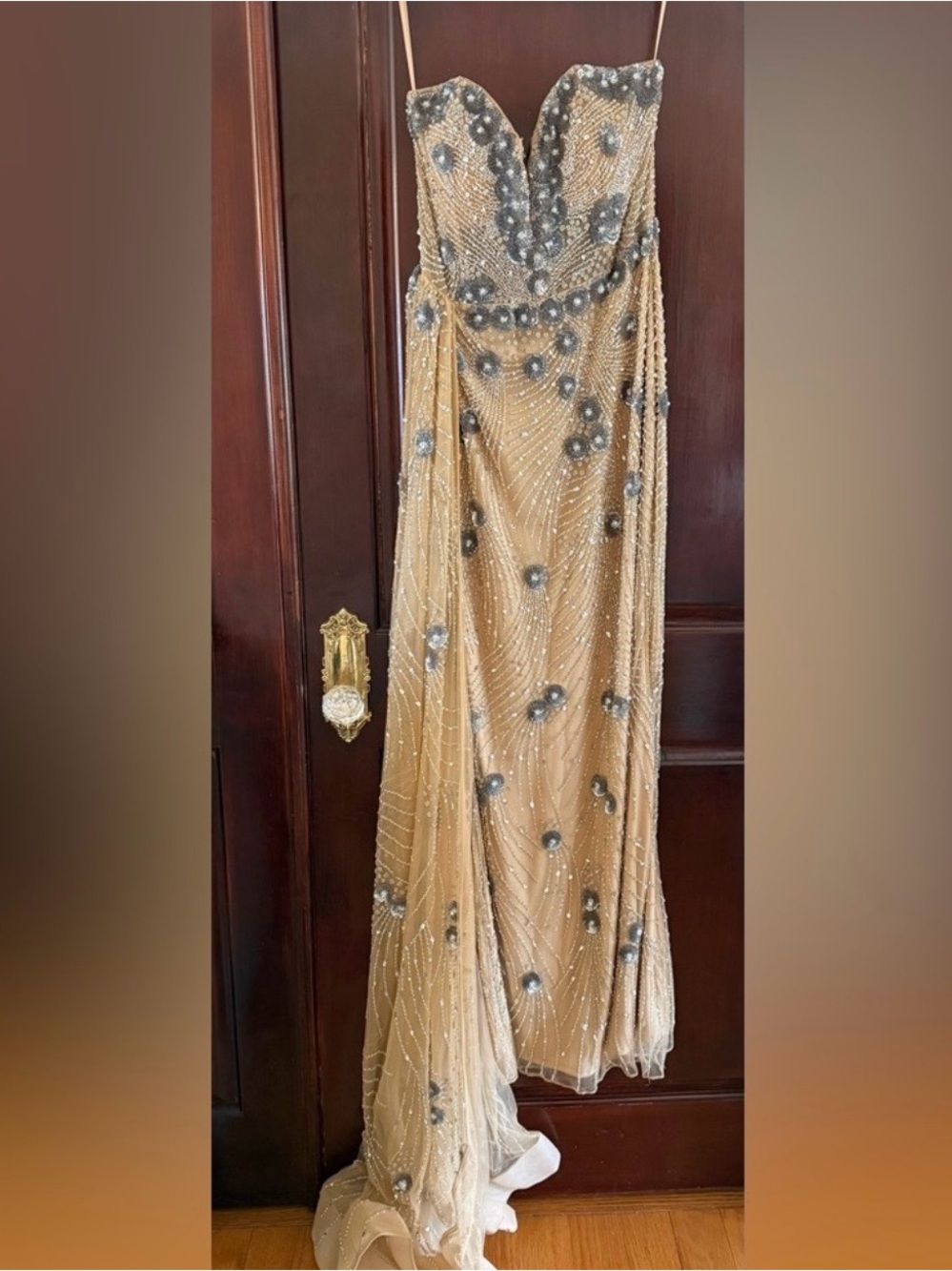Custom made never worn Strapless Gold Evening Gown with Beaded Embellishments